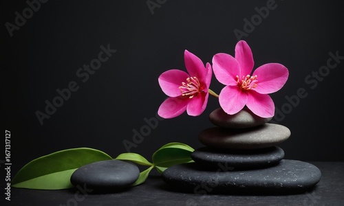 Stunning pink blossoms atop balanced stones promoting wellness and relaxation for spa or meditation practice