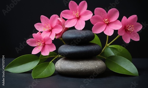 Beautiful balanced zen stones with pink blossoms for peaceful wellness and spa promotions