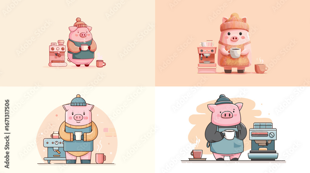 Fototapeta premium Cute cartoon pig baristas making coffee with mugs, machines, and milk cartons. Fun animal character illustration for café, barista, and coffee shop projects.
