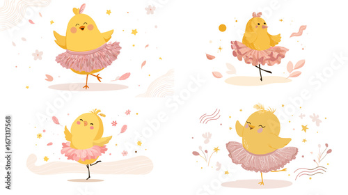 Charming illustrations of yellow chicks dressed in ballet outfits, dancing gracefully in soft pastel colors, perfect for nursery and children’s art.