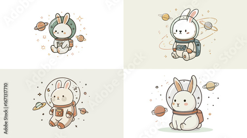 Adorable cartoon rabbit astronauts in space suit with planets. Cute animal character illustration for cosmic, fantasy, and children’s creative projects.