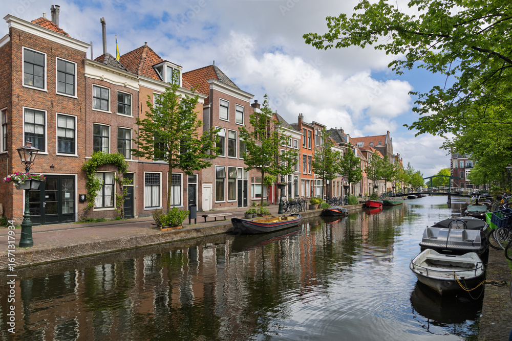 Fototapeta premium Historic gabled houses line a serene Leiden canal, reflecting vibrant Dutch charm under a bright sky. Perfect for showcasing European travel and traditional architecture.