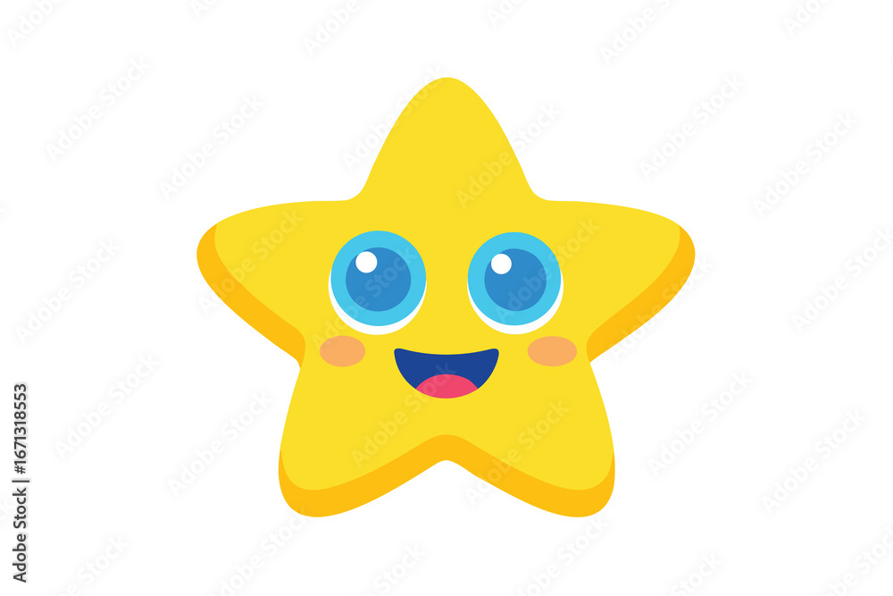 Fototapeta premium Cute Smiling Yellow Star Character with Big Blue Eyes on White Background