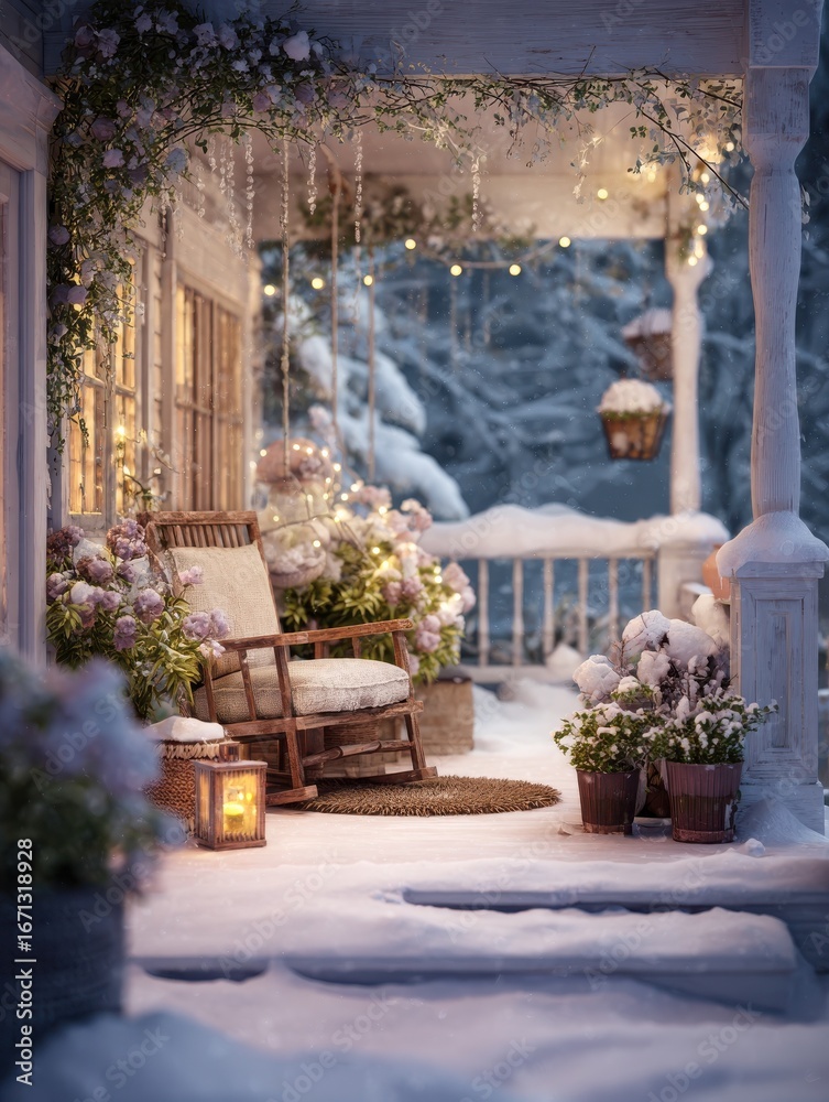 Fototapeta premium cozy winter porch scene with snowcovered plants warm lighting and inviting textures perfect for holiday or winterthemed projects white home decor architecture