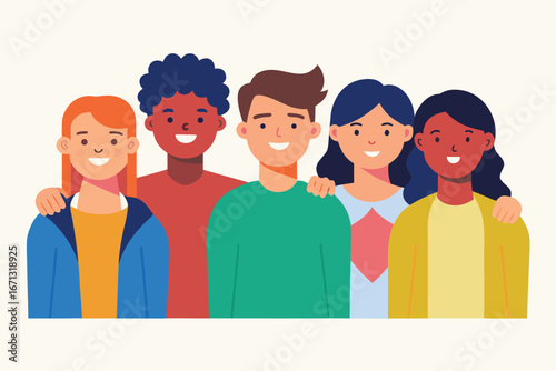 Diverse Group of Young People Smiling and Embracing Each Other in a Friendly Manner