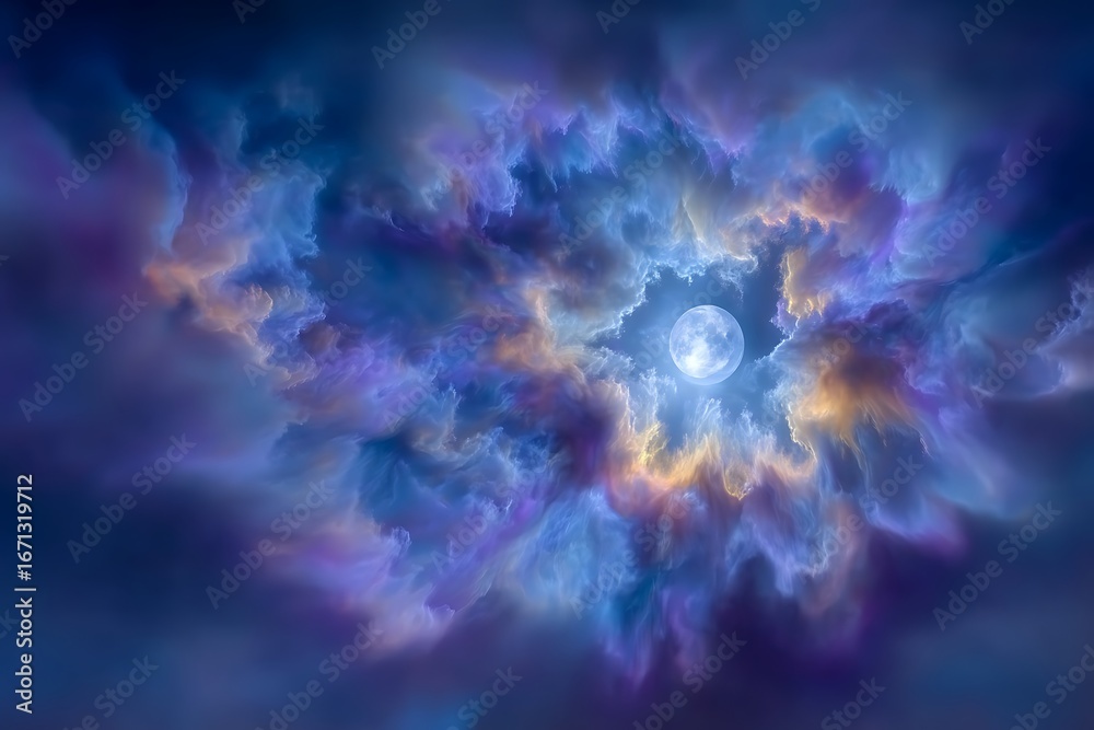 Obraz premium Mystical Moonlit Clouds Abstract art of a full moon in a swirling dreamscape.