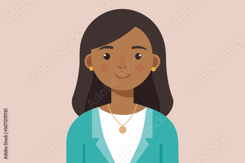 Flat Illustration of a Smiling DarkHaired Woman with Teal Blazer and Necklace