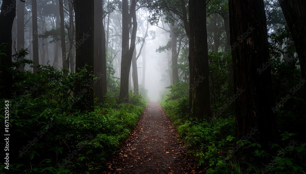 Obraz premium Misty Forest Path, Nature Trail Scene