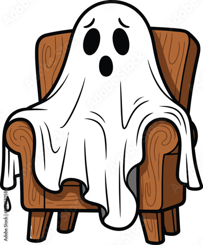 Cartoon ghost sitting sadly in an old wooden chair on a white background illustration
