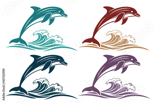 set of colorful Dolphin jumping over waves silhouette vector