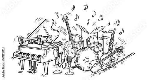 Musical Instruments Collection with Piano, Guitar, Drums, and Brass on Isolated White Background