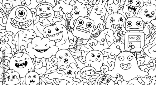 Playful Crowd of Diverse Cute Monster Characters in Doodle Style on Isolated White Background