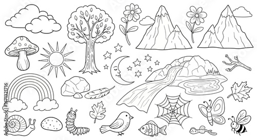 Detailed Nature and Outdoor Elements Collection with Animals and Landscape on Isolated White Background