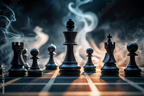 Black chess pieces on board with smoke king queen