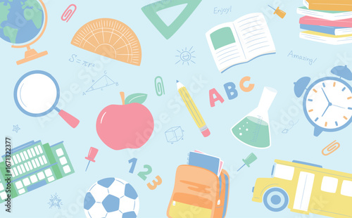 入学・新学期イメージのかわいいイラストパターンの背景_キッズ・勉強・学習・学校シーンに