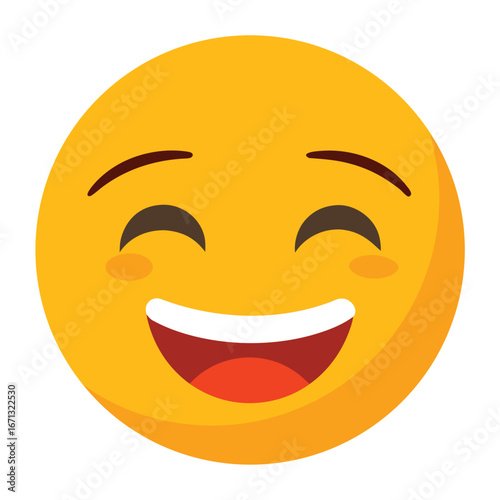 Joyful Yellow Emoticon with Smiling Eyes, Pink Cheeks, and Visible White Teeth Illustration