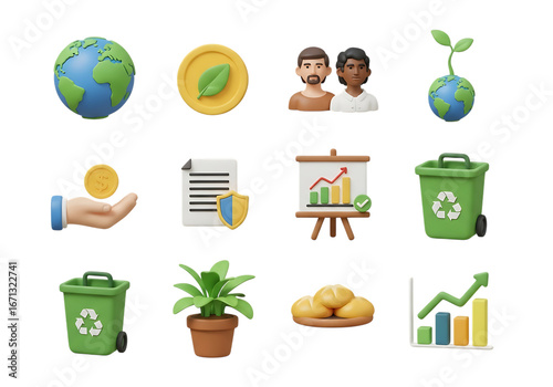 3d icon of set of environmental and business icons, featuring earth, money, people, plant, document, and graph, isolated on transparent background