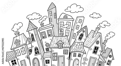Quaint Cartoon Townscape with Whimsical, Crooked Houses and Chimneys on a light background