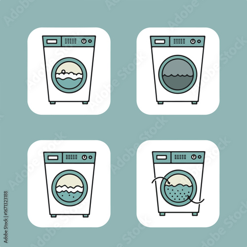 Four icons white washing machines with buttons and water inside the front