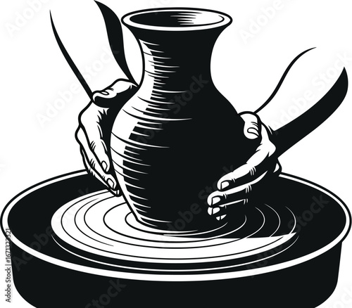 Pottery wheel with hands shaping clay, craft, skill