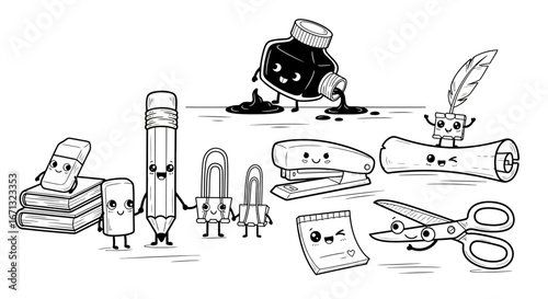 Cute Cartoon Stationery Items Set with Anthropomorphic Characters on an isolated white background