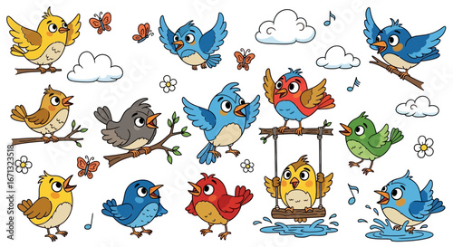 Cheerful Colorful Cartoon Birds Perched on Branches with Butterflies and Clouds in a lively outdoor scene