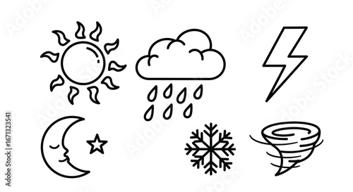 Weather Icons Set with Sun, Moon, Rain Cloud, Lightning, Snowflake, and Tornado on an isolated white background