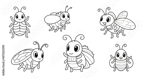 Cute Cartoon Insects Set on an isolated white background, a collection of friendly bugs