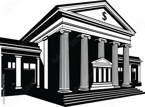 Graphic monochrome bank building with columns and dollar sign, finance
