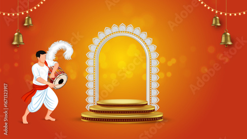 Bengali dhaki playing a dhak drum during Durga Puja festival on a decorative background with a golden podium for product display