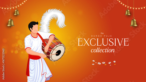 Durga Puja sale banner template featuring a Bengali dhaki drummer, designed for an exclusive collection, shopping offers, and festival discounts
