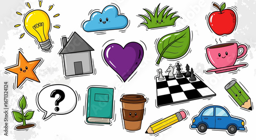 Colorful Doodle Icon Collection Representing Ideas, Education, and Everyday Objects, Isolated White Background