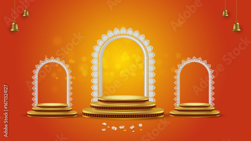 3D illustration of a golden festive podium or stage set for product display during Indian festivals like Durga Puja, Navratri, or Diwali