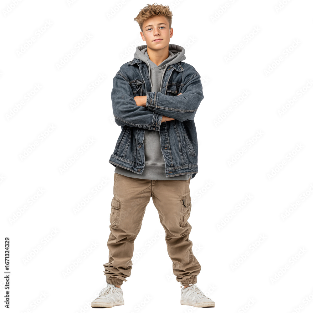 Naklejka premium Confident teenage boy in casual autumn outfit, grey hoodie, denim jacket, loose cargo pants, standing with arms crossed, feet wide apart. Young Caucasian teen boy model. Isolated object 