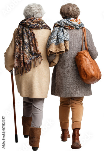 Two elderly women wearing autumn clothing, walking arm in arm. One of them is using cane. Isolated object with transparent background. Full-body back view. Warm companionship, graceful aging
