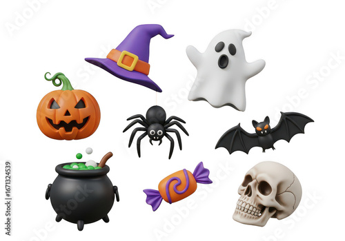3d icon of collection of halloween icons including a pumpkin, ghost, witch hat, spider, cauldron, candy, bat, and skull isolated on transparent background