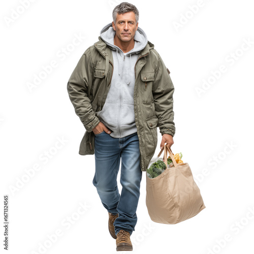 Middle-aged man wearing casual autumn outfit: jeans, hoodie, and jacket, walking with heavy grocery bag. Front full-body view. Isolated object, transparent background. Everyday lifestyle urban fashion