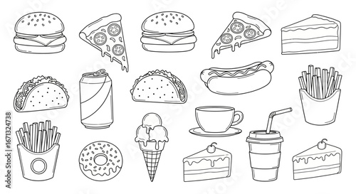 Collection of popular fast food and dessert items for a menu or design, line art on isolated white background.