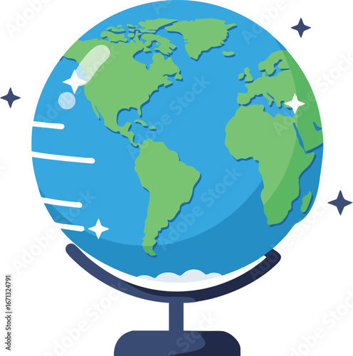 World globe on stand showing continents for travel education and geography