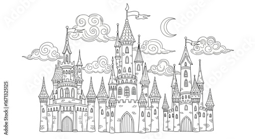 Intricate outline drawing of a magical fantasy castle under a cloudy night sky with a crescent moon, coloring page on isolated white background.