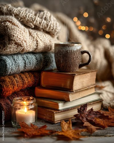 Wallpaper Mural Cozy Autumn Reading Corner with Coffee and Books Torontodigital.ca