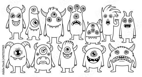 Group of diverse cartoon monster characters with unique shapes and funny expressions, coloring page on isolated white background.