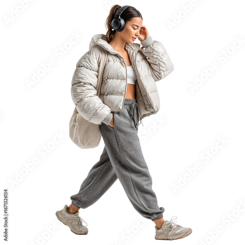 Trendy young woman wearing crop top layered with puffer jacket, wide sweatpants, sneakers, walking wearing headphones, carrying oversized shoulder bag. Isolated object, transparent background