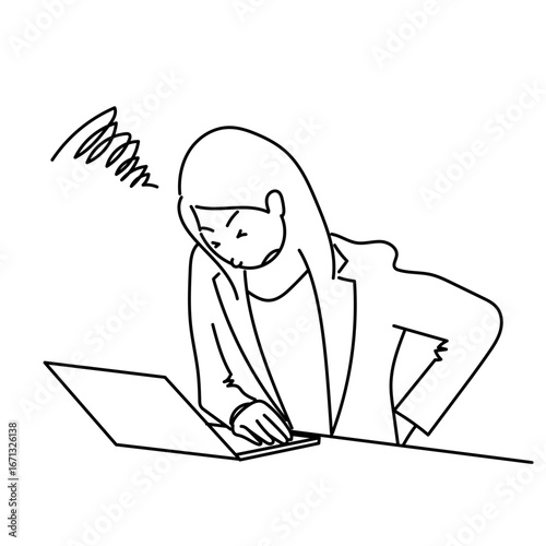 黒い線画で描かれた腰痛に悩む女性のベクターイラスト。デスクワークや在宅勤務の健康問題を表現