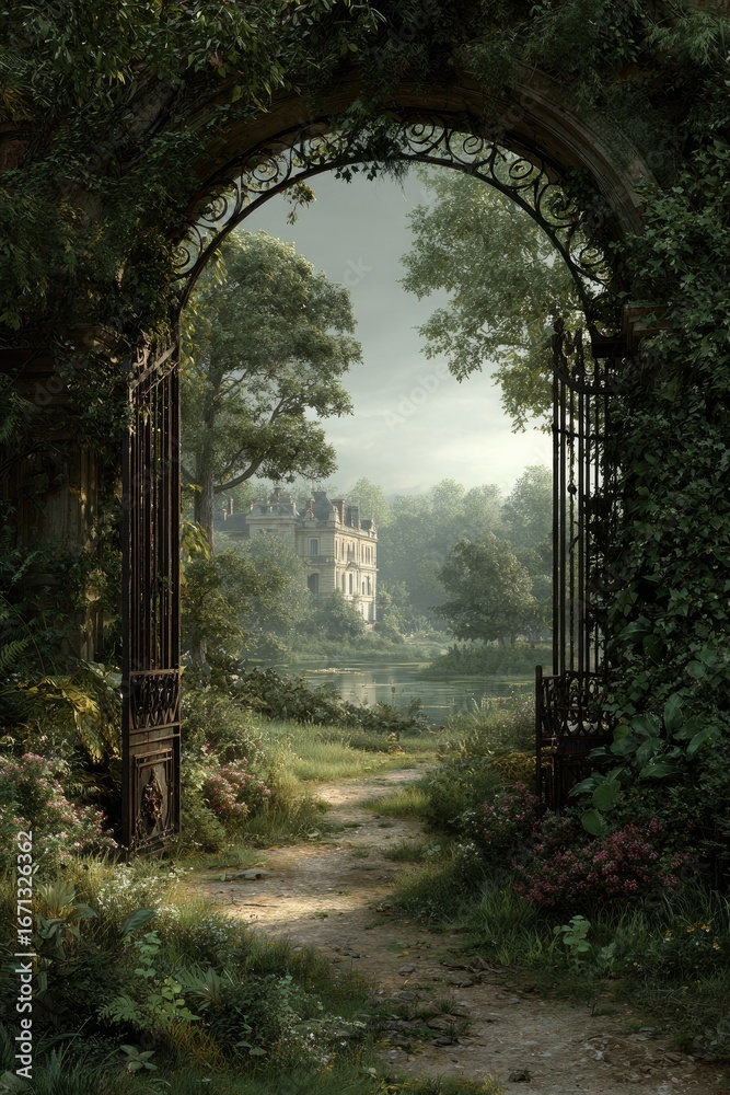 Obraz premium Rustic archway, garden path to castle