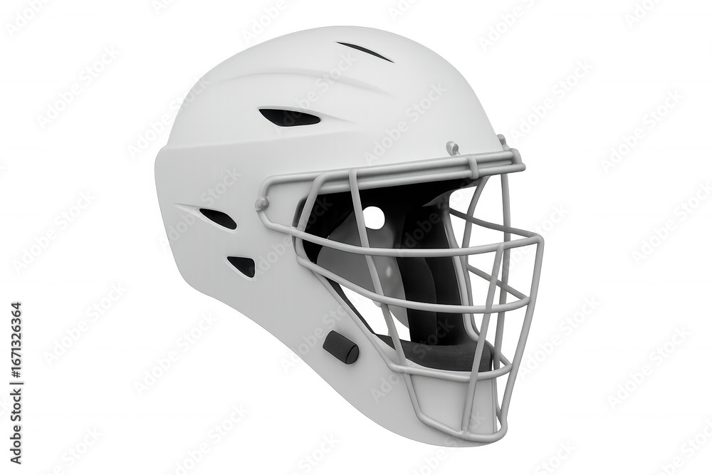 Fototapeta premium Baseball catcher wearing protective headgear, transparent background highlighting safety gear with clean design potential