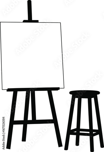 Black easel with blank canvas and stool, artistic creation concept