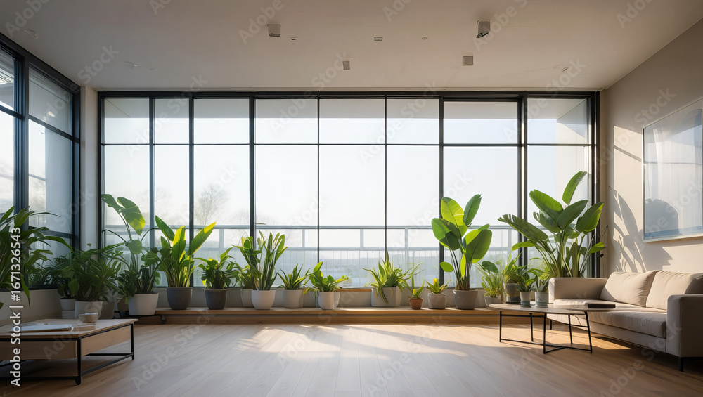 Fototapeta premium Modern sunroom with large windows and plants 