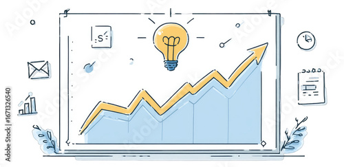 Growing graph with lightbulb, showcasing progress and idea