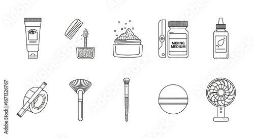 Collection of Makeup and Mixing Tools Line Art Illustrations
